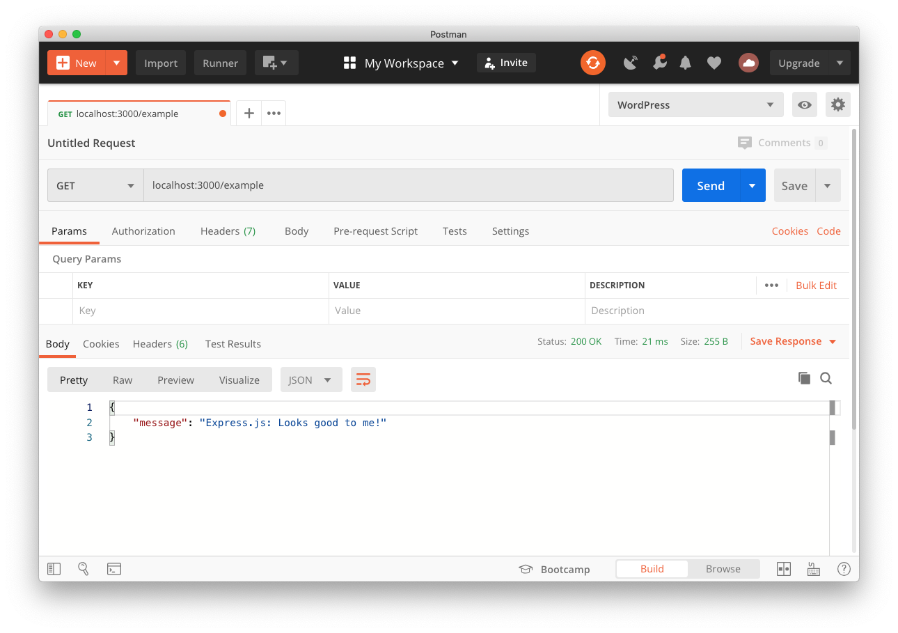 Screenshot of making a request to the Express.js example API using Postman