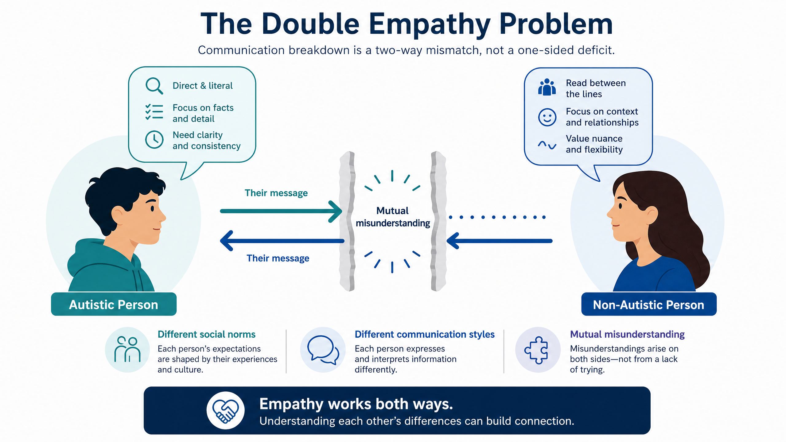 An infographic showing two people facing each other with bidirectional arrows between them and a barrier in the middle, illustrating that communication breakdown between autistic and non-autistic people is a mutual mismatch, not a one-sided deficit.