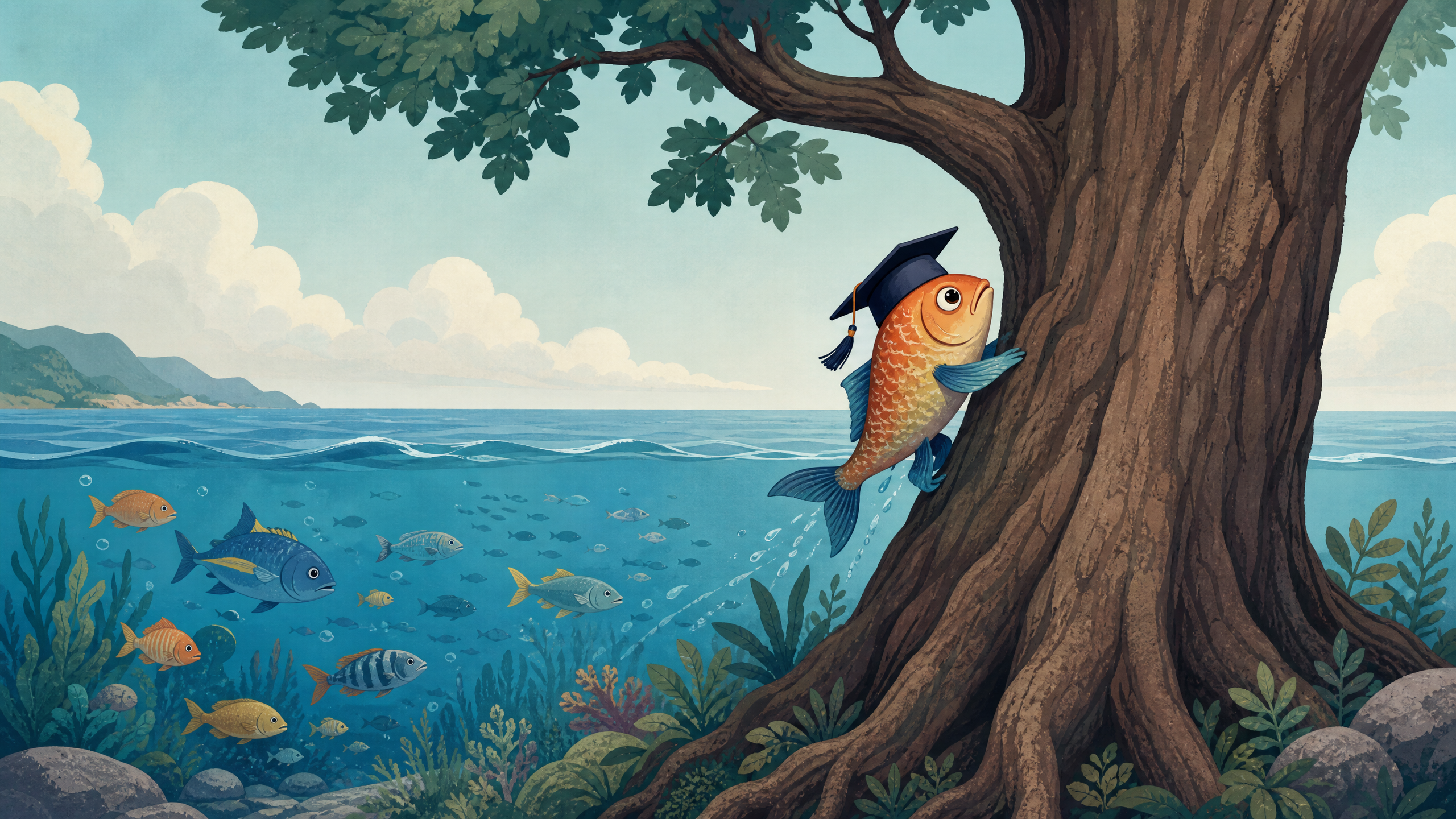 A fish wearing a graduation cap attempts to climb a large tree, while other fish swim freely in the ocean behind it. A visual metaphor for the mismatch between neurodivergent capabilities and neurotypical evaluation systems.