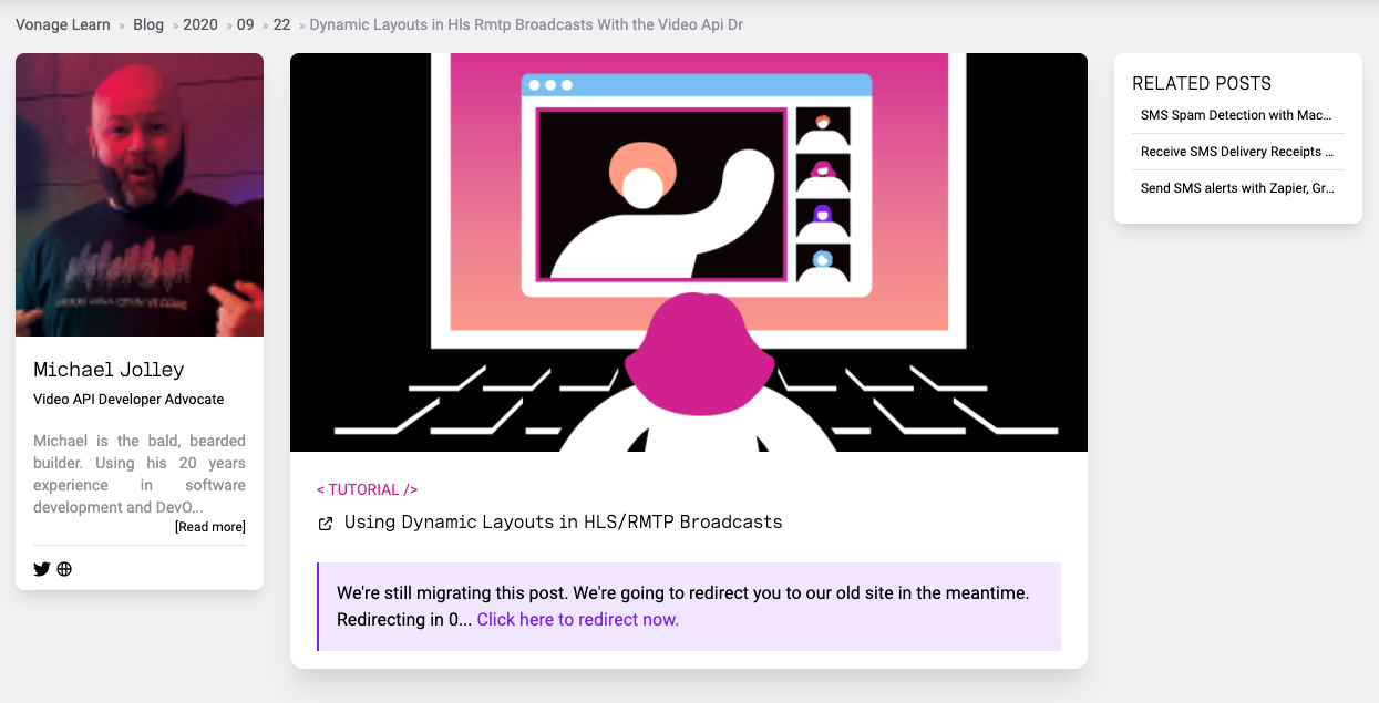 Screenshot showing a message that the content hasn’t been migrated yet and that the reader will be redirected to the old post